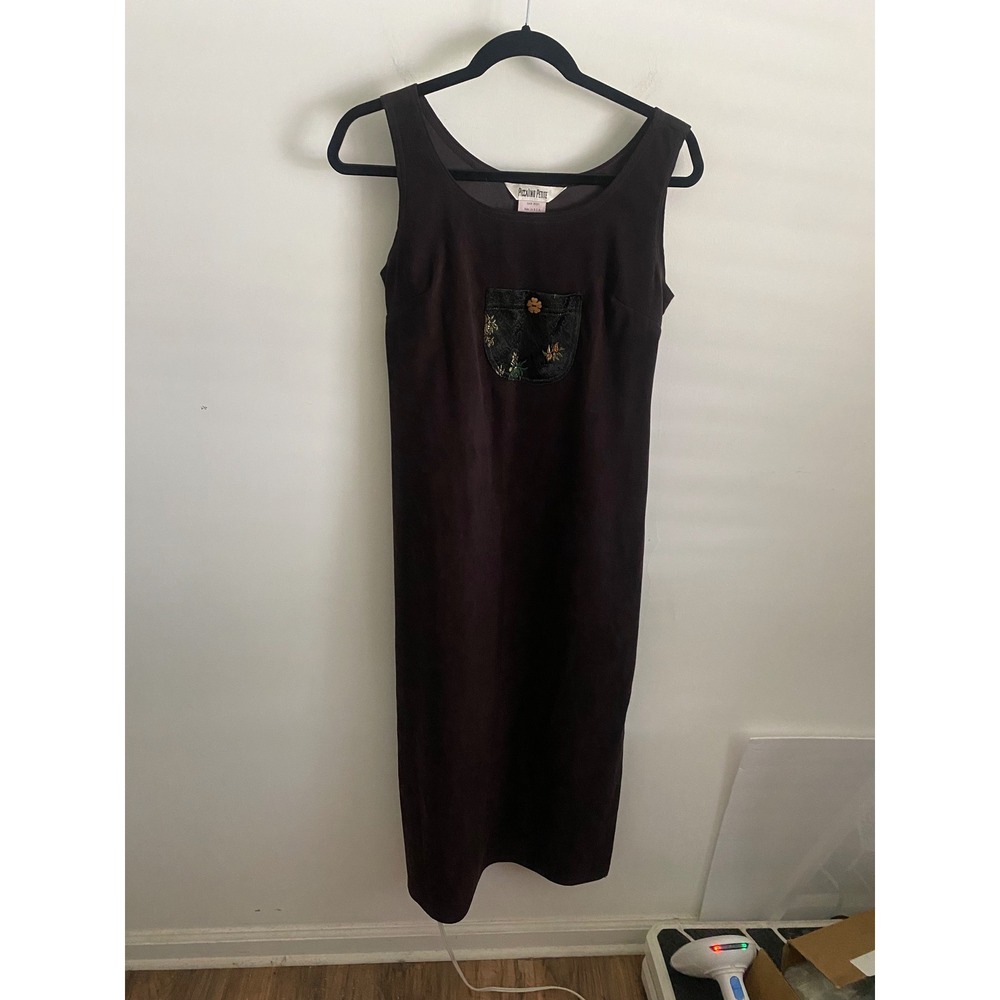 Piccalino Petite Brown Faux Suede Sleeveless Midi Dress Embroidered‎ Pocket 6P